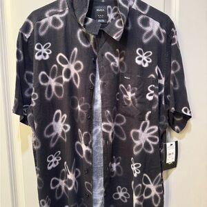 RVCA Black and White Casual Button Down Shirt with Floral Pattern